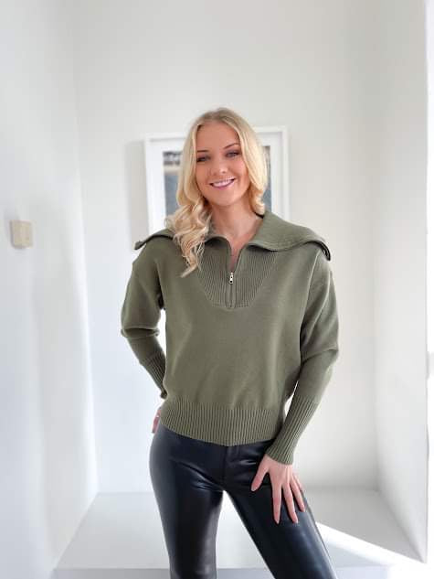 Aria  Half Zip Up Jumper - Khaki