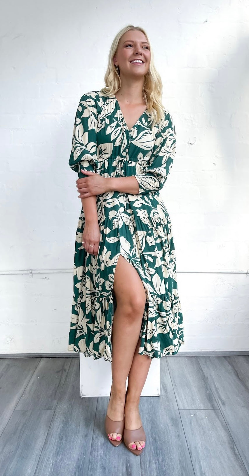 green emerald velvet dress Tidepool Bloom Midi Dress - Cream, Yellow and Green main image 1