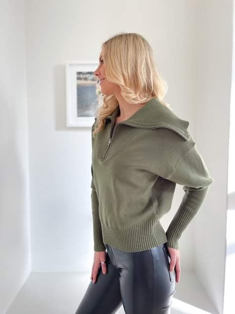 Aria  Half Zip Up Jumper - Khaki