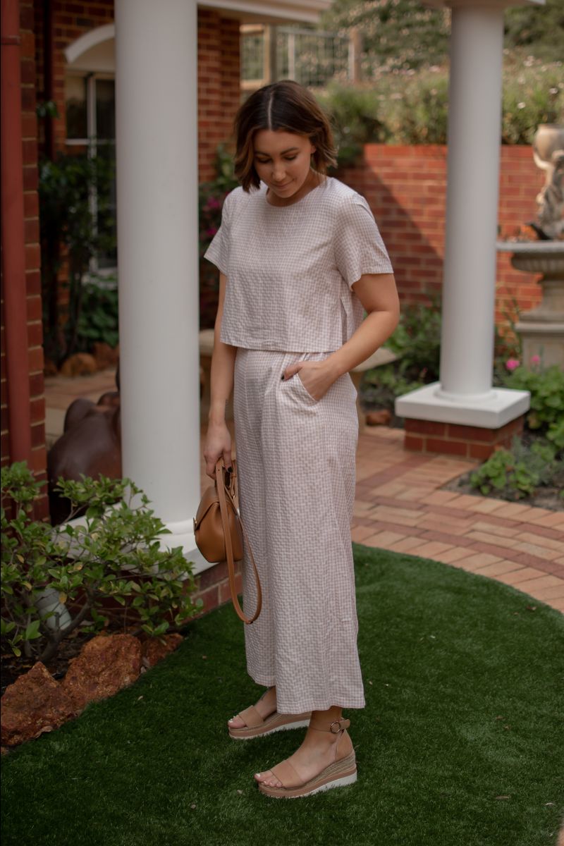 Mini Gingham Jumpsuit - Beige