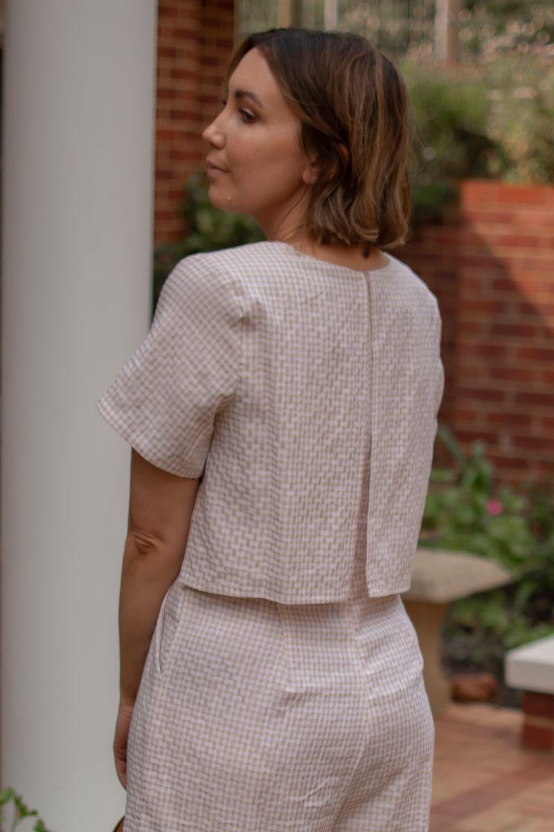 Mini Gingham Jumpsuit - Beige