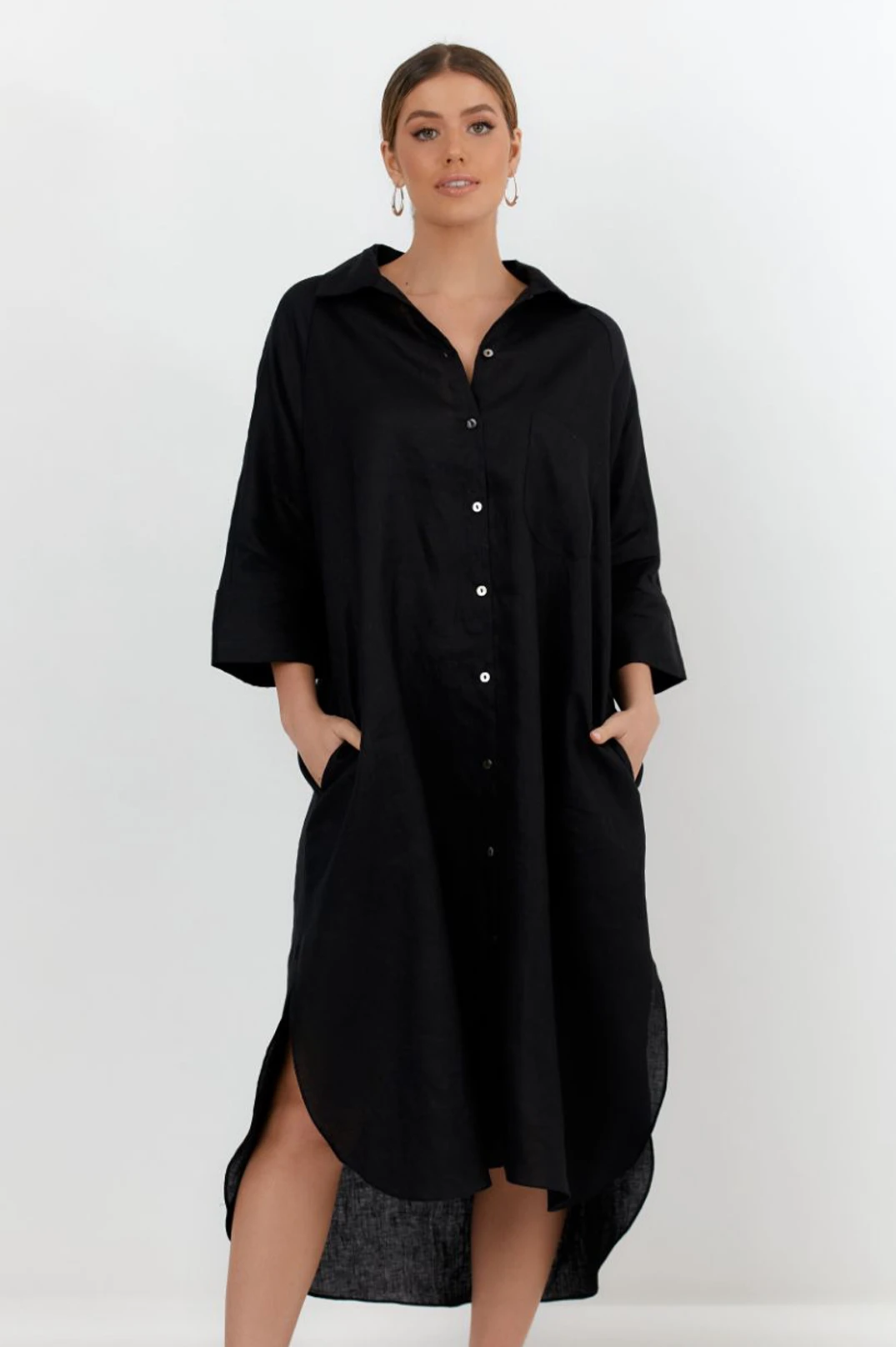 Gia Linen Shirt Dress (Black)