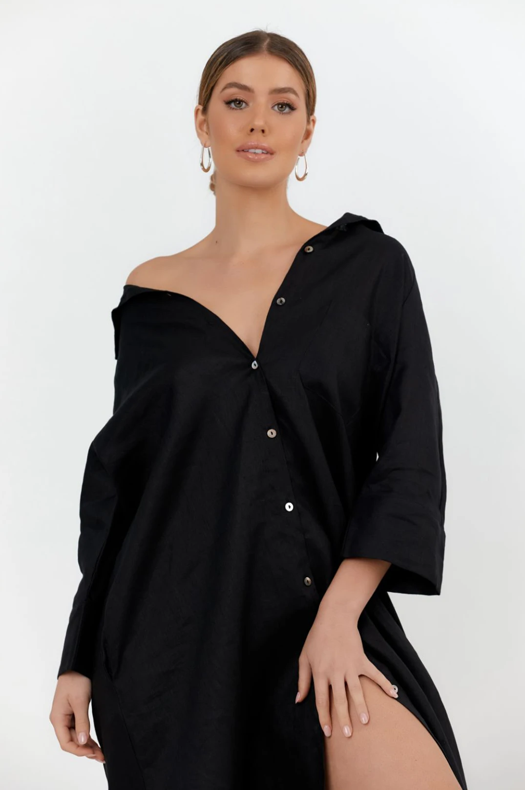 Gia Linen Shirt Dress (Black)