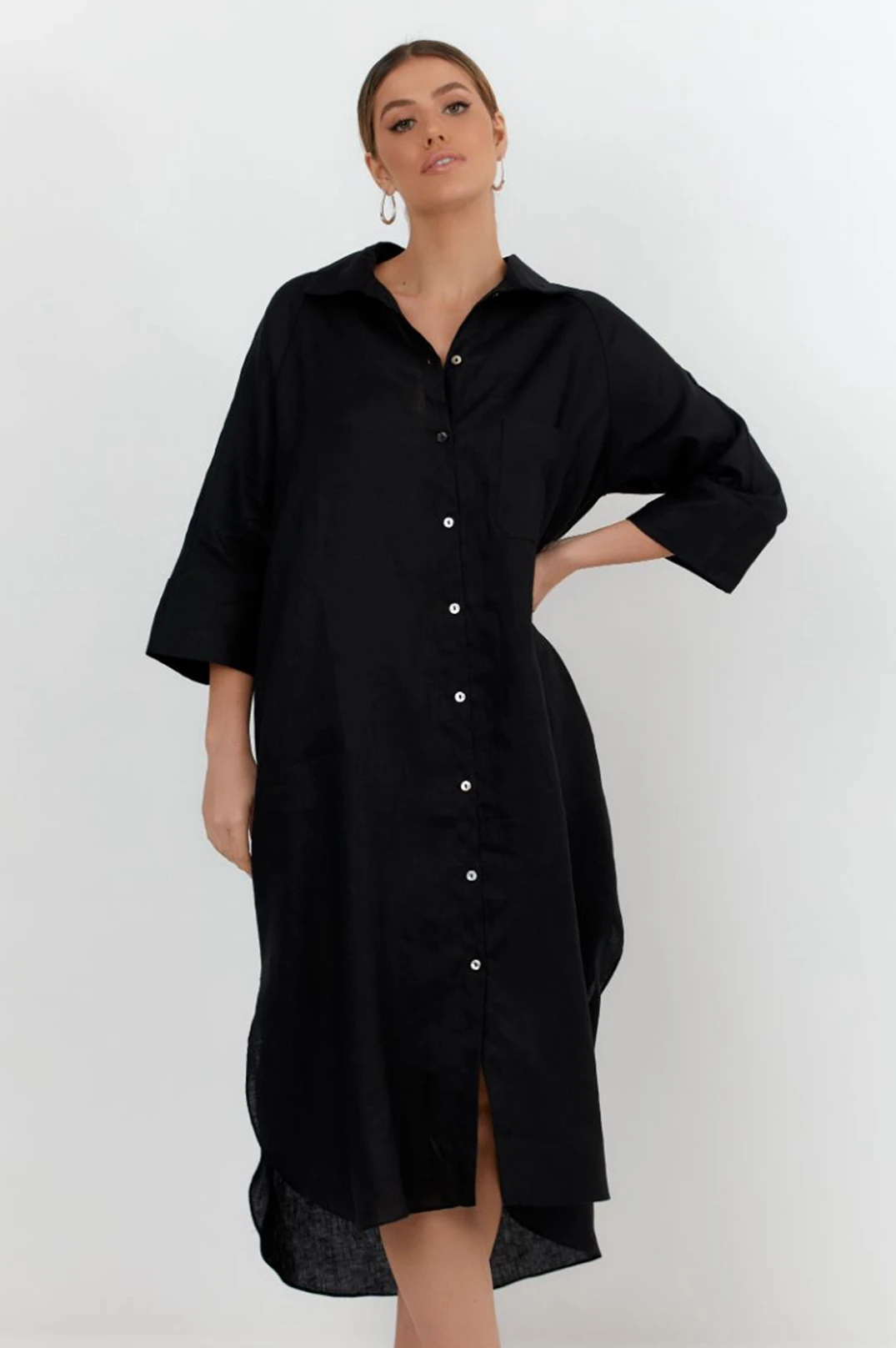 Gia Linen Shirt Dress (Black)