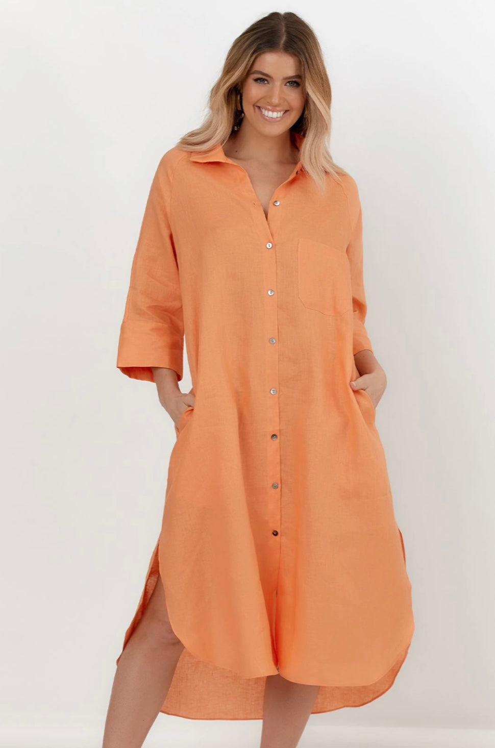 Gia Linen Shirt Dress (Orange)