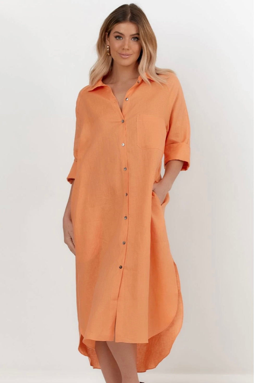 Gia Linen Shirt Dress (Orange)