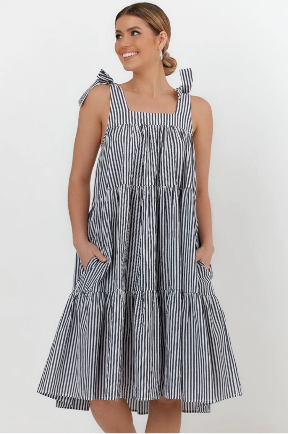 Poppy Stripe Tie Dress - Black