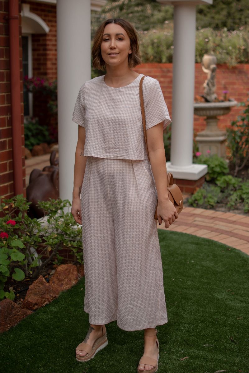 Mini Gingham Jumpsuit - Beige