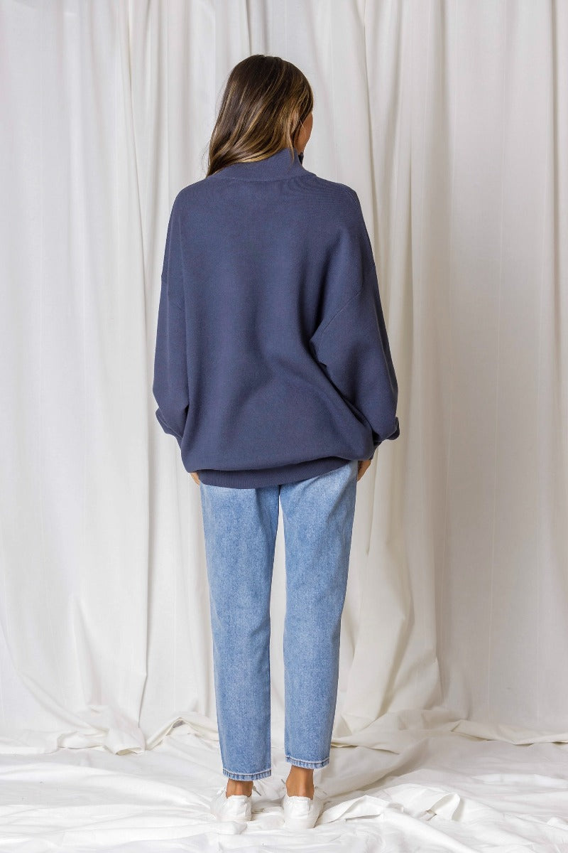 Moscow Zip Polo Knit - Gunmetal Blue