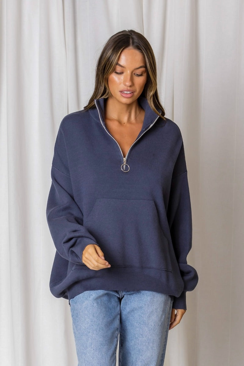 Moscow Zip Polo Knit - Gunmetal Blue