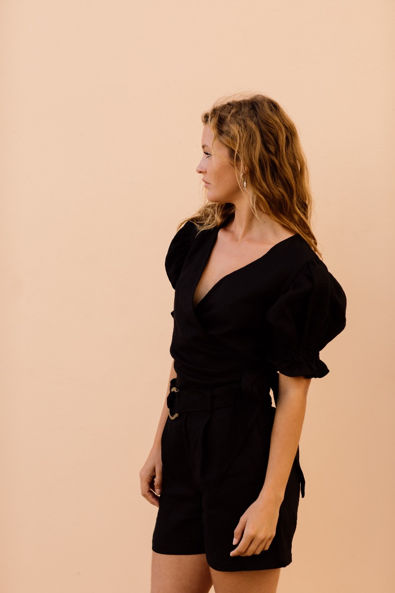 Capri Linen Wrap Top - Black
