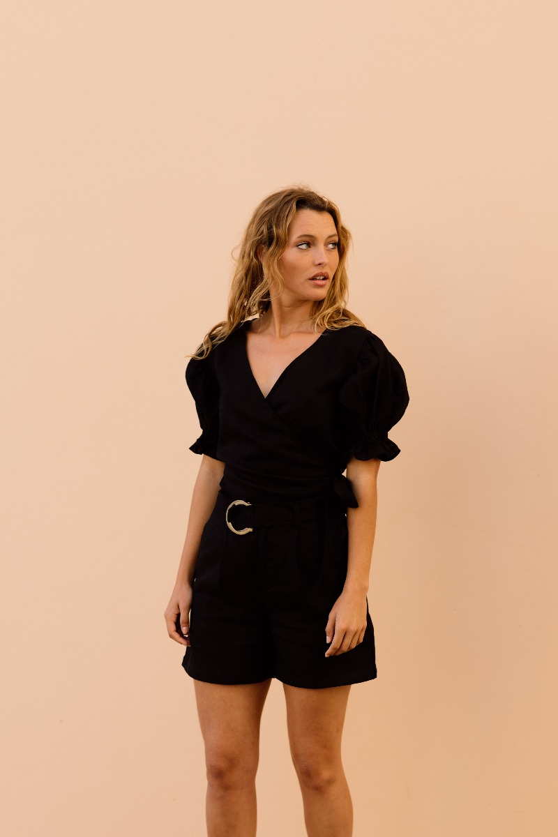 Capri Linen Wrap Top - Black