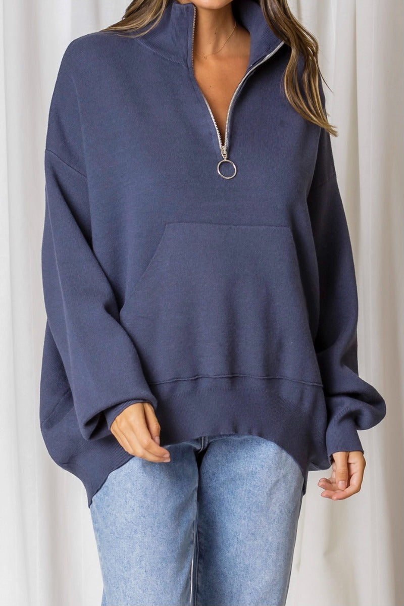 Moscow Zip Polo Knit - Gunmetal Blue