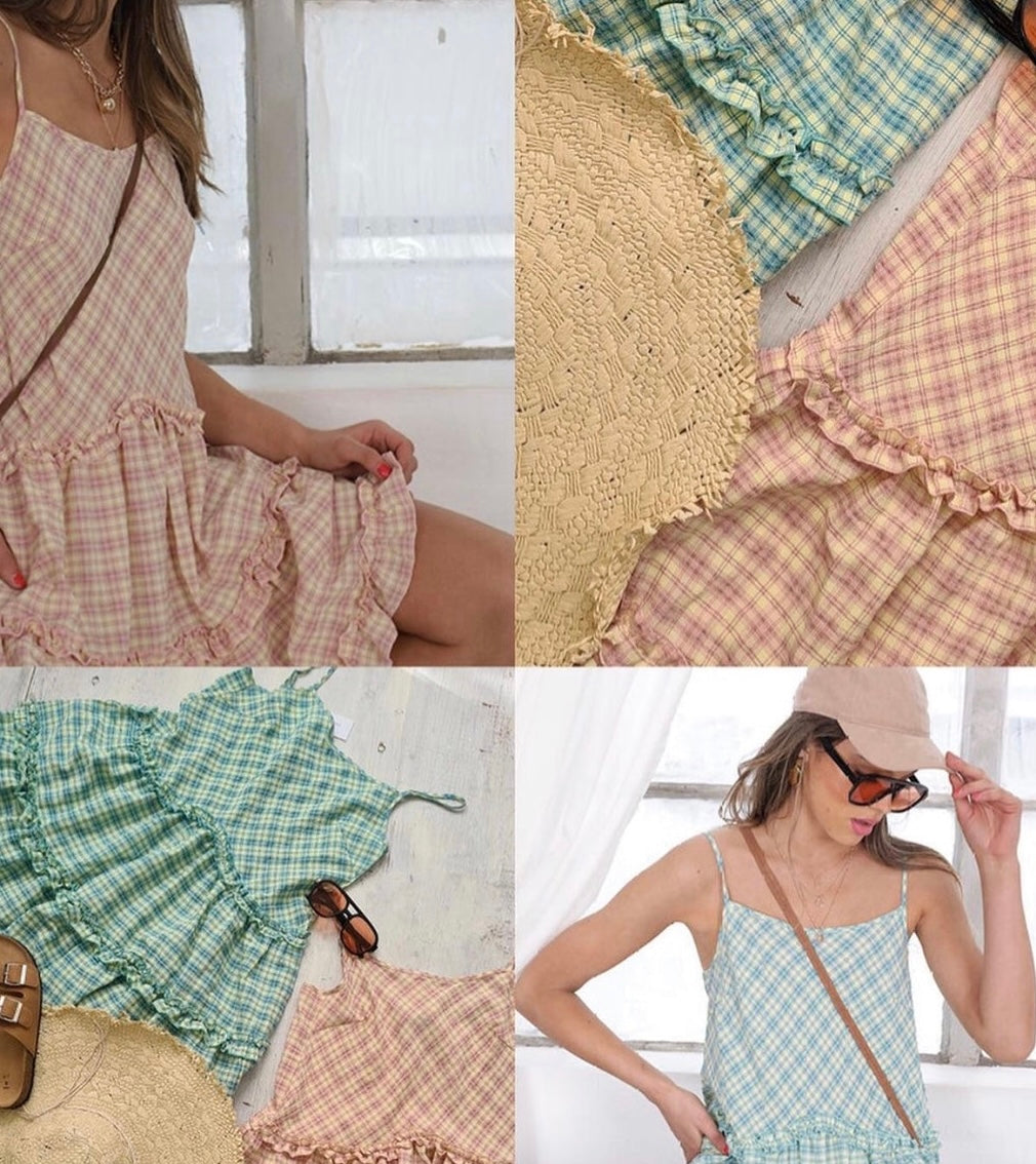 White Sandstorm Swing Dress - Mint Check