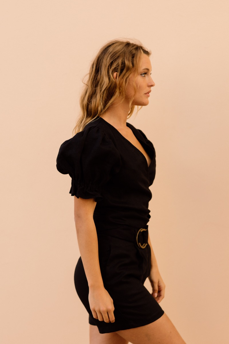 Capri Linen Wrap Top - Black