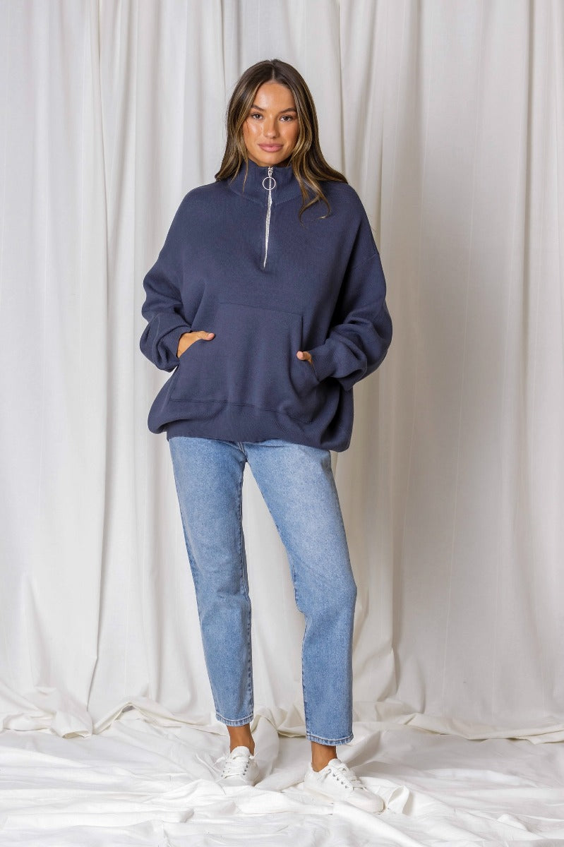 Moscow Zip Polo Knit - Gunmetal Blue