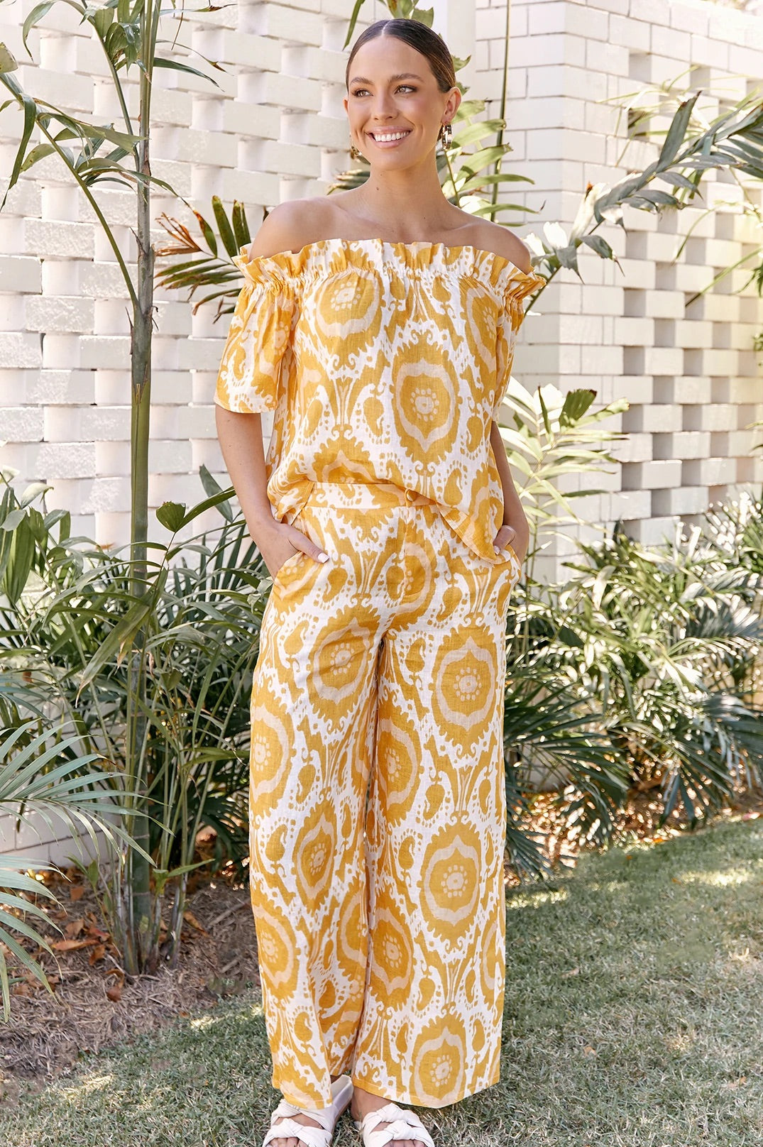 Maddie Ikat Linen Print Off Shoulder Top - Yellow