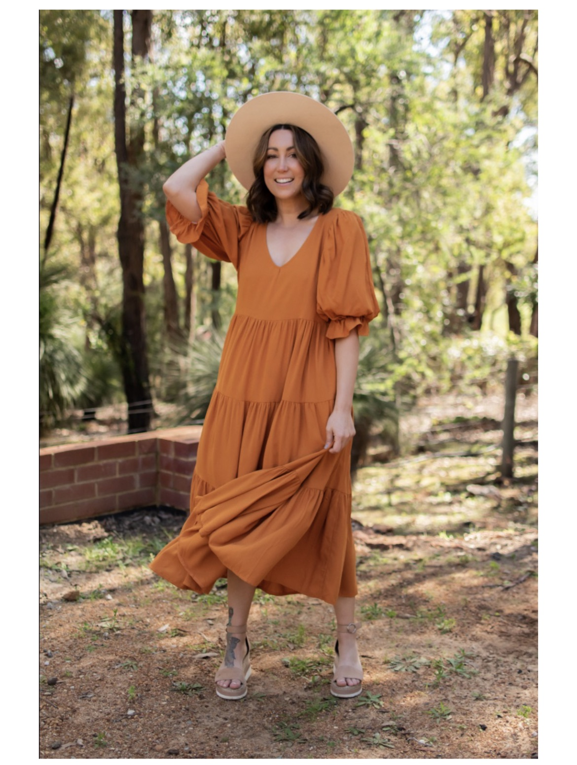 Ruffle Sleeve Midi Dress (Tangerine)