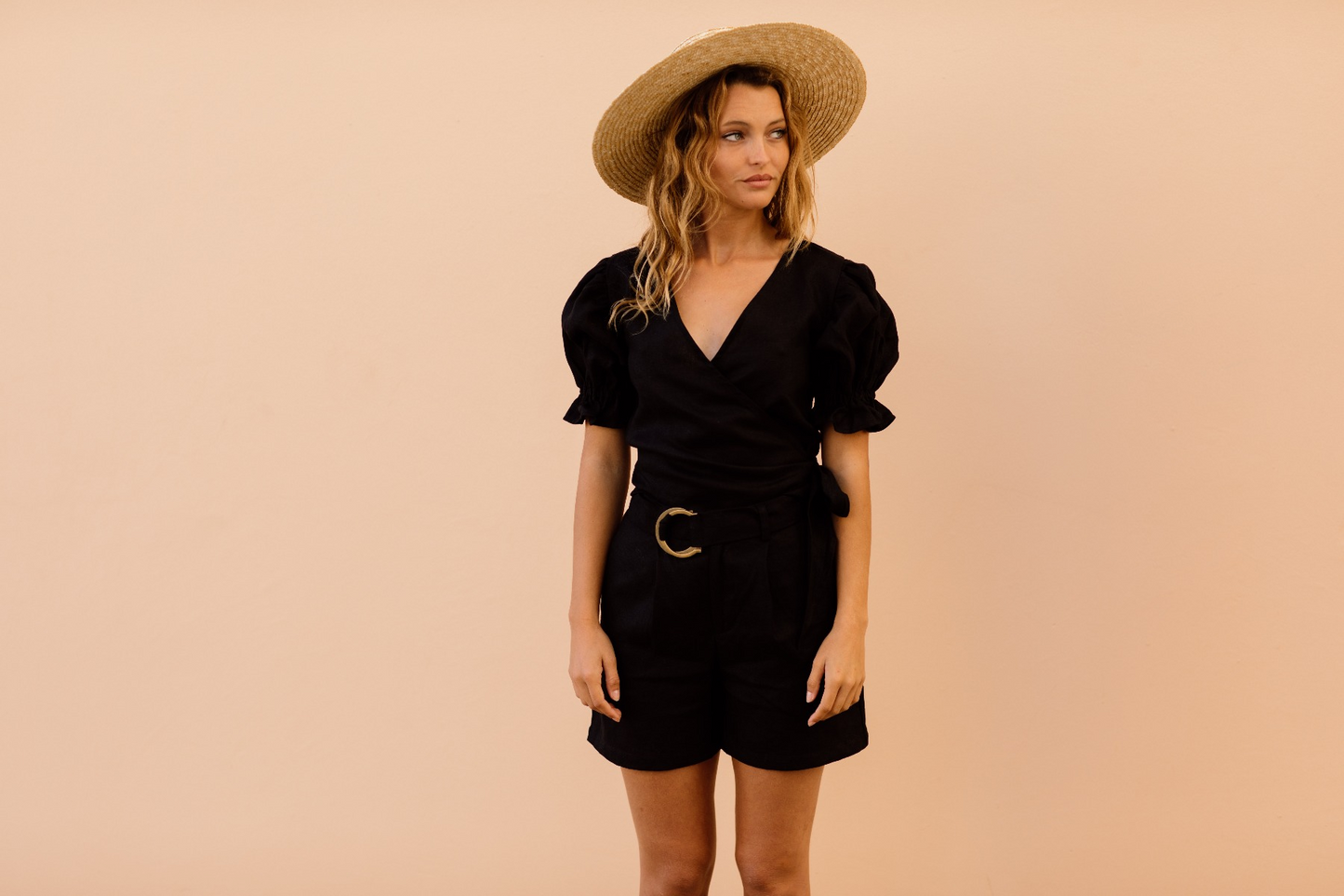 Capri Linen Wrap Top - Black