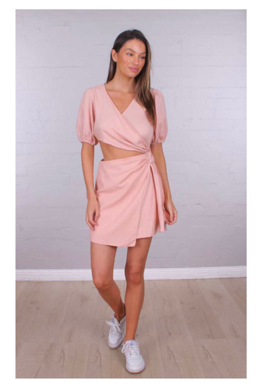 Asymmetrical linen Wrap Mini Dress - Blush