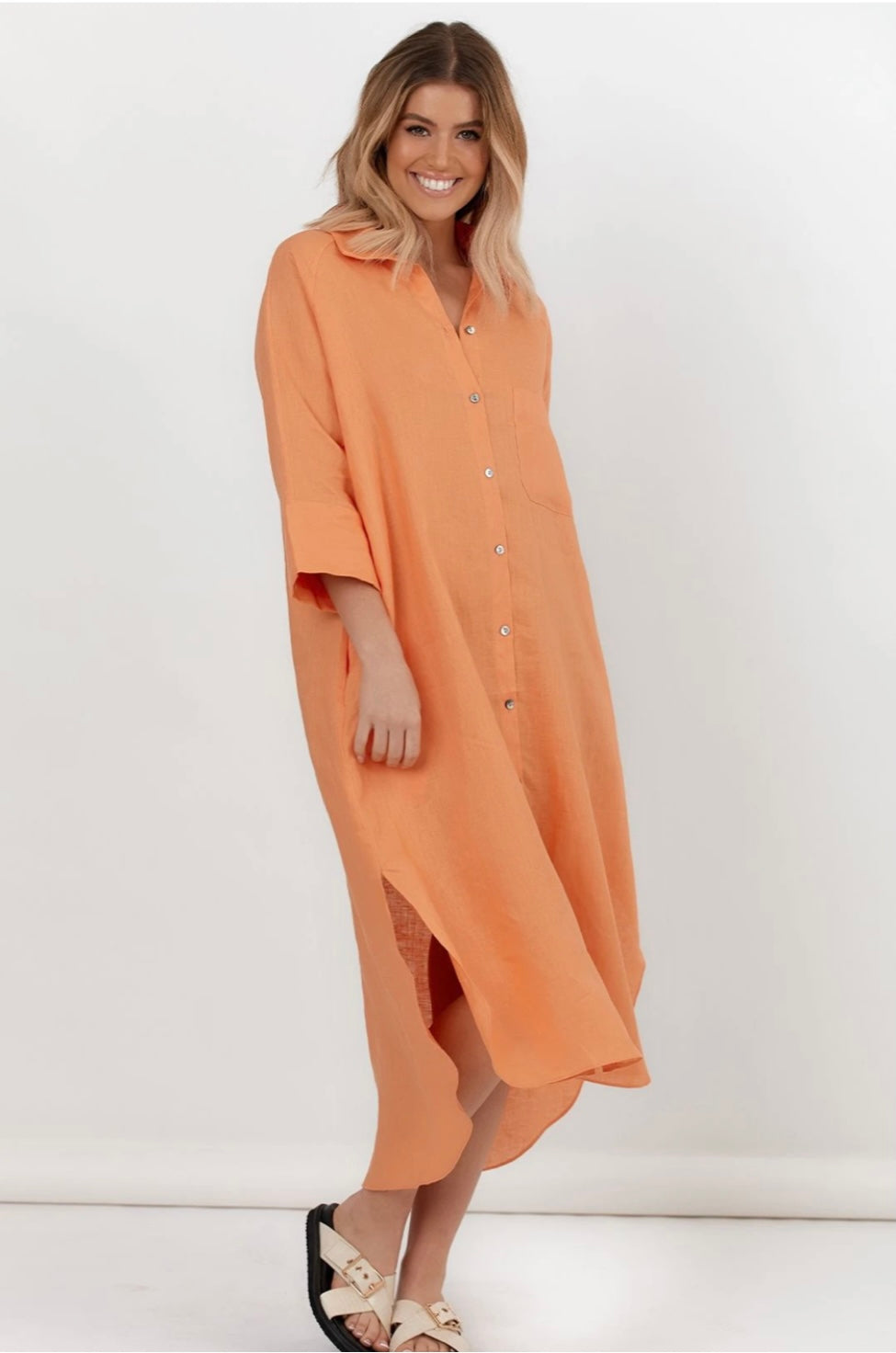 Gia Linen Shirt Dress (Orange)