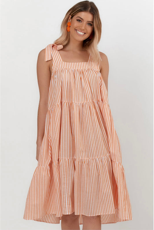 Poppy Stripe Tie Dress - Orange