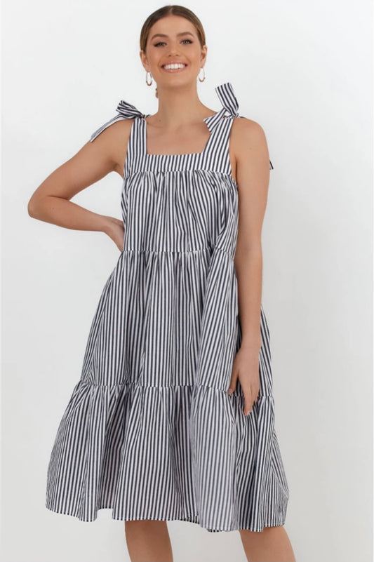 Poppy Stripe Tie Dress - Black