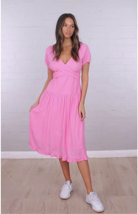 Wrap Front Midi Dress - Bright Pink