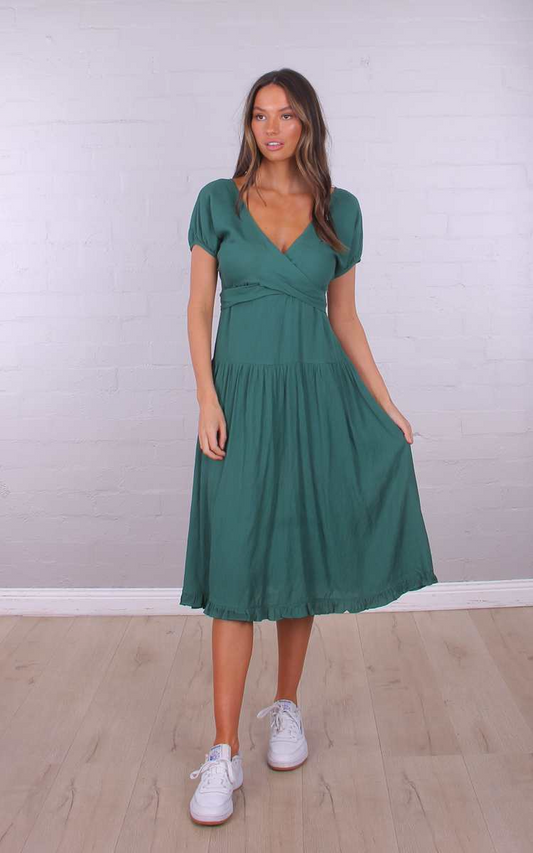 Wrap Front Midi Dress - Green