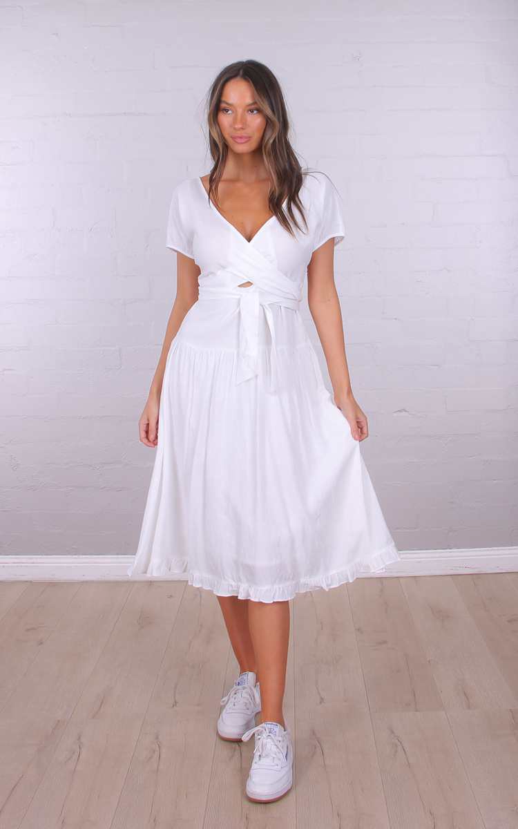 Wrap Front Midi Dress - White