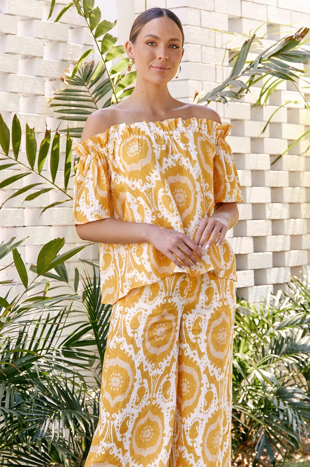 Maddie Ikat Linen Print Off Shoulder Top - Yellow